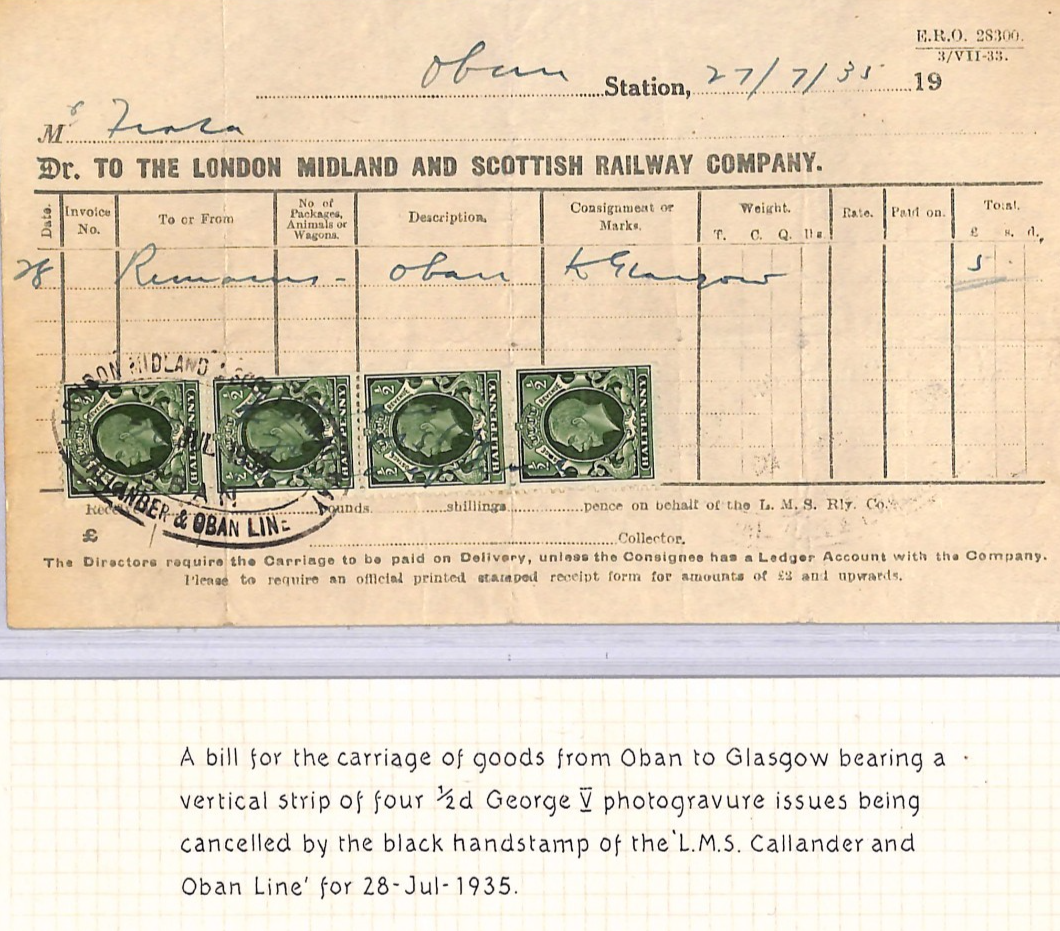 GB SCOTS ISLANDS LMS RAILWAY Waybill *CALLANDER & OBAN* KGV Postage Stamps WT166 - Image 8