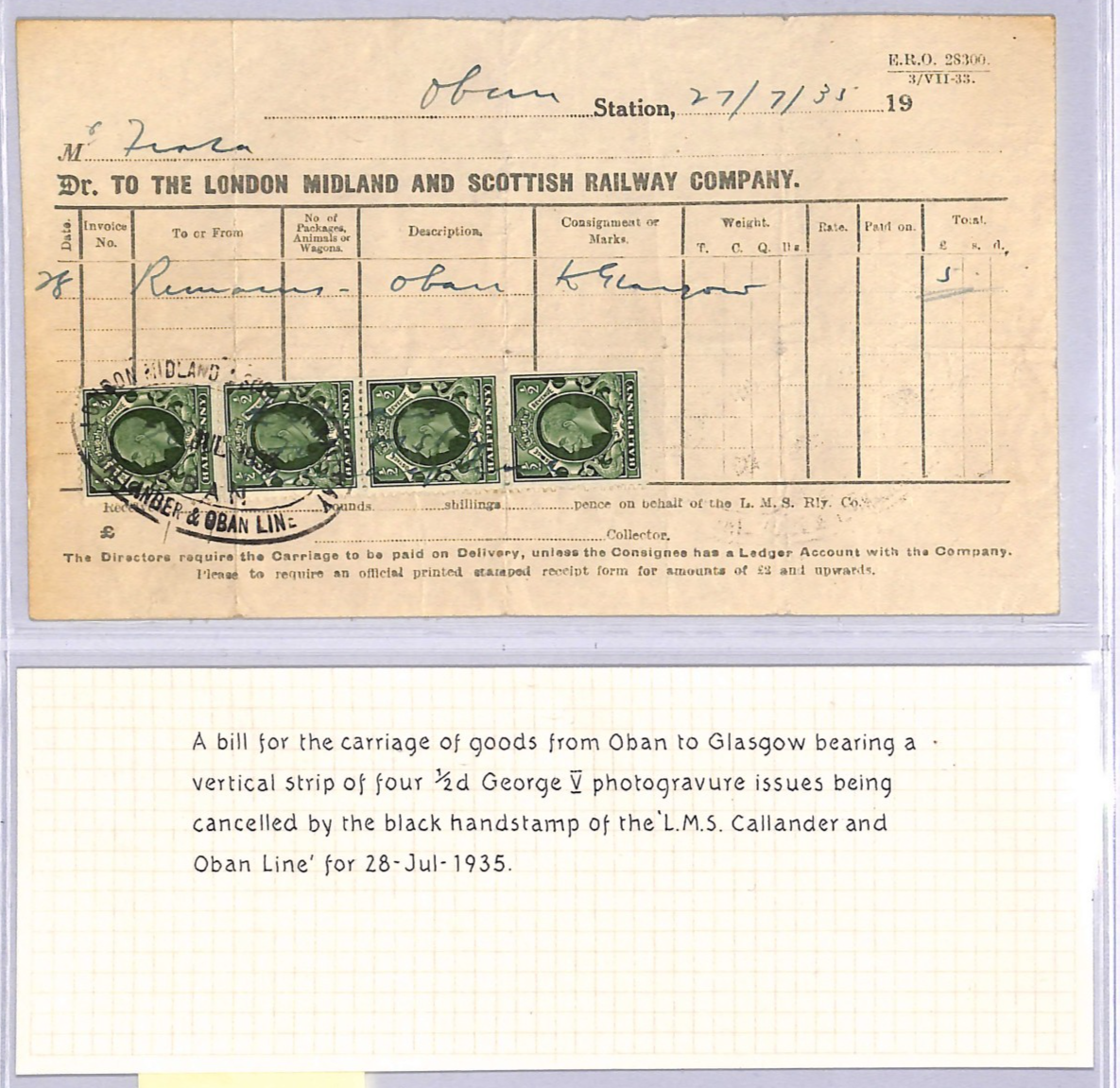 GB SCOTS ISLANDS LMS RAILWAY Waybill *CALLANDER & OBAN* KGV Postage Stamps WT166 - Image 9