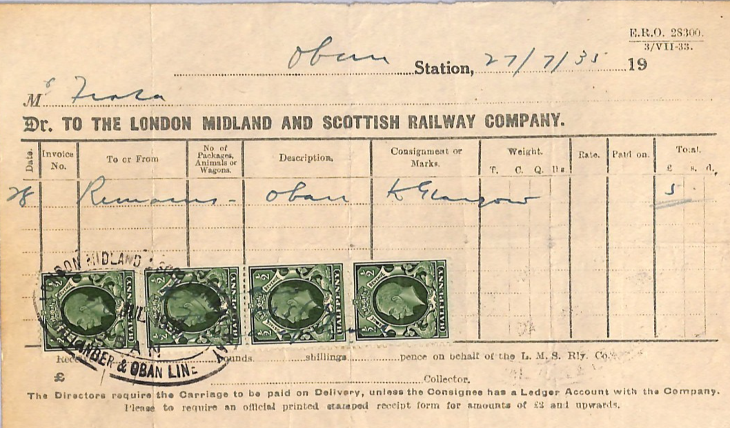 GB SCOTS ISLANDS LMS RAILWAY Waybill *CALLANDER & OBAN* KGV Postage Stamps WT166 - Image 10