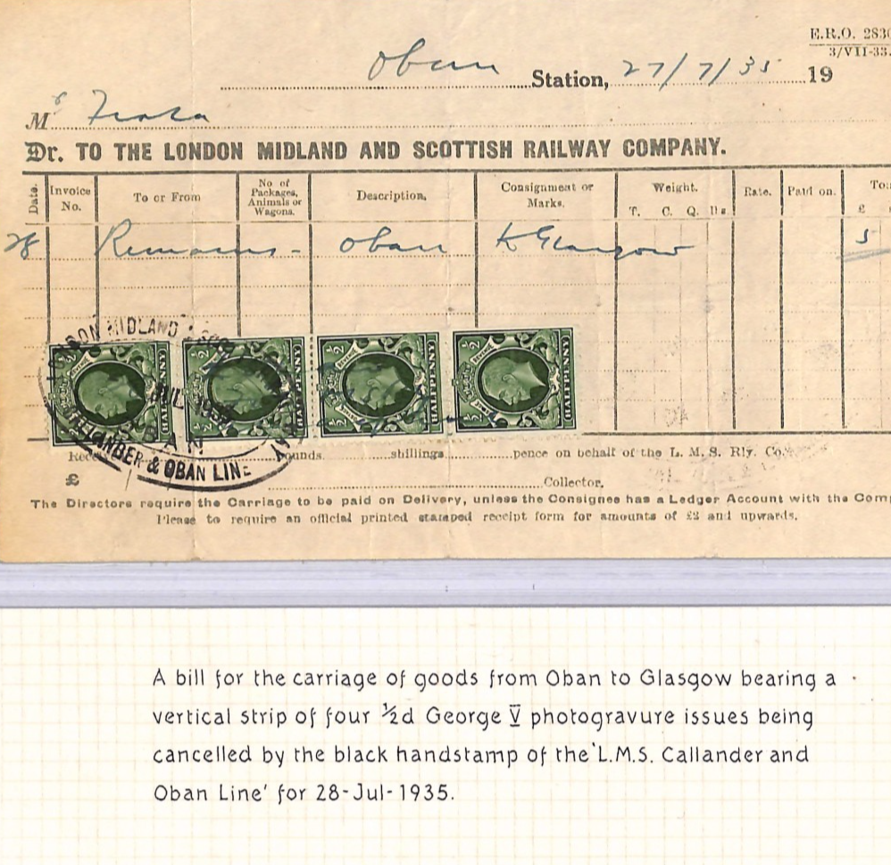 GB SCOTS ISLANDS LMS RAILWAY Waybill *CALLANDER & OBAN* KGV Postage Stamps WT166
