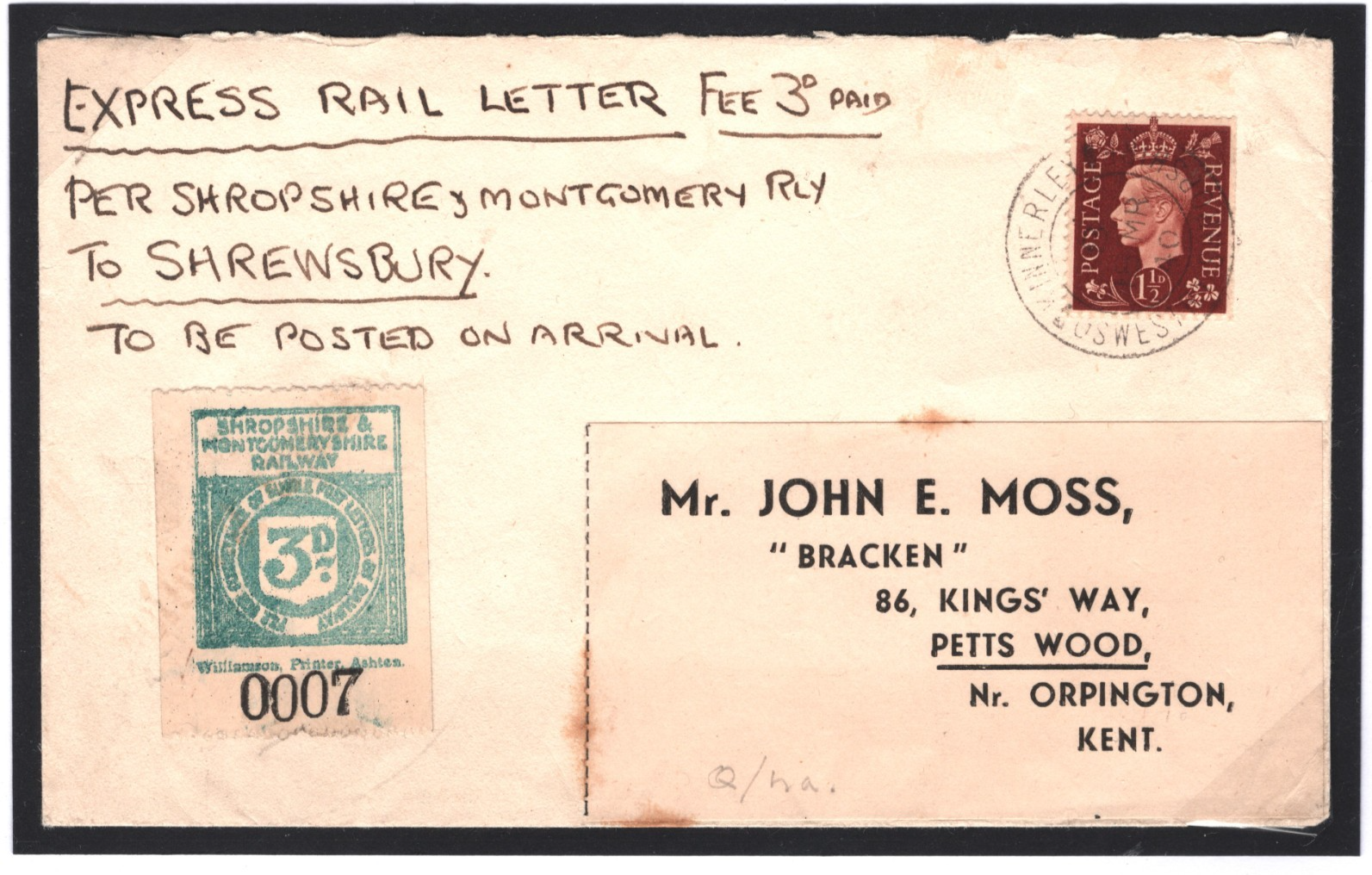 GB SHROPSHIRE MONTGOMERYSHIRE RAILWAY 3d Letter Stamp 1940 Cover Kinnerley R110b - Image 3