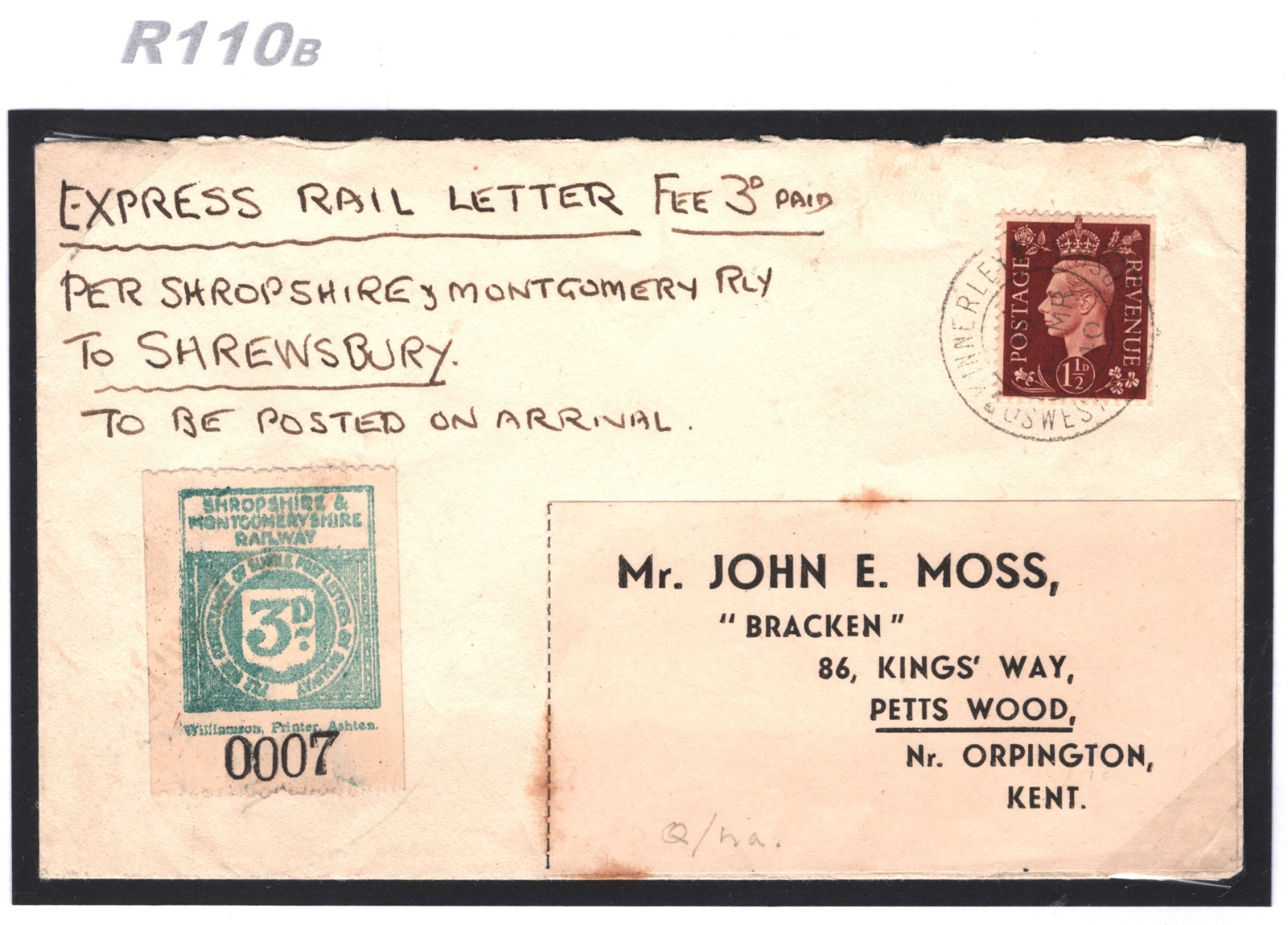 GB SHROPSHIRE MONTGOMERYSHIRE RAILWAY 3d Letter Stamp 1940 Cover Kinnerley R110b - Image 7