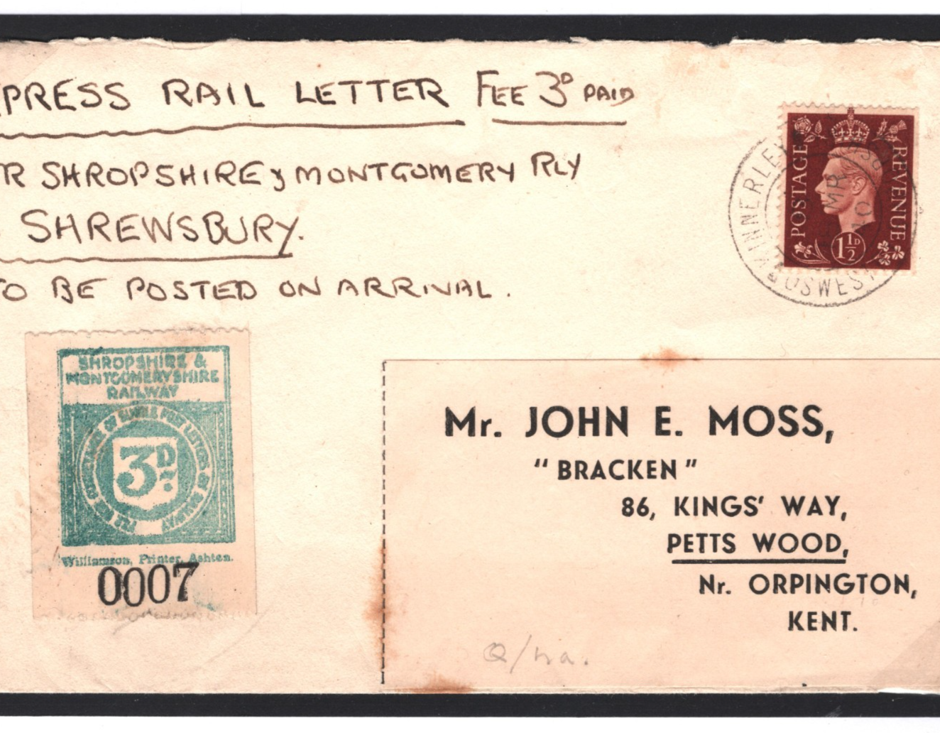 GB SHROPSHIRE MONTGOMERYSHIRE RAILWAY 3d Letter Stamp 1940 Cover Kinnerley R110b