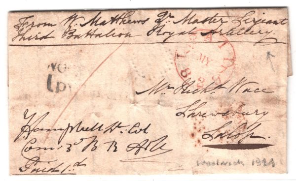 GB SOLDIER'S LETTER 1d Rate 1829 Cover *Woolwich* ROYAL ARTILLERY Military XG81