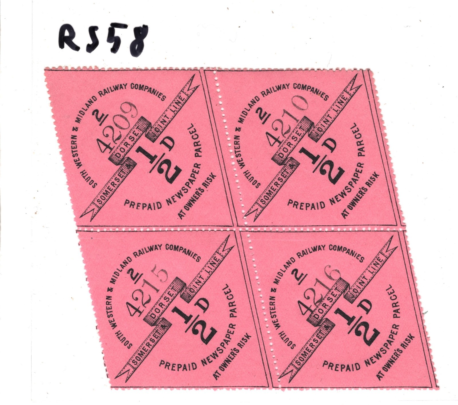 GB SOMERSET & DORSET SW&MR RAILWAY Newspaper Stamp ½d Block{4} Mint MM RS58 - Image 4