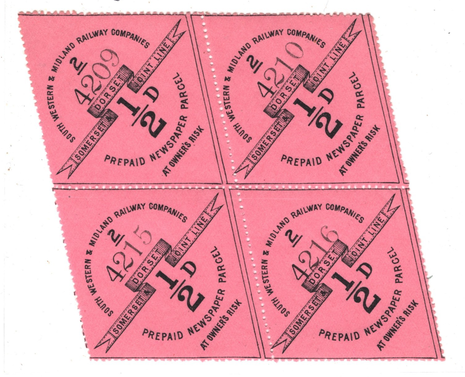 GB SOMERSET & DORSET SW&MR RAILWAY Newspaper Stamp ½d Block{4} Mint MM RS58