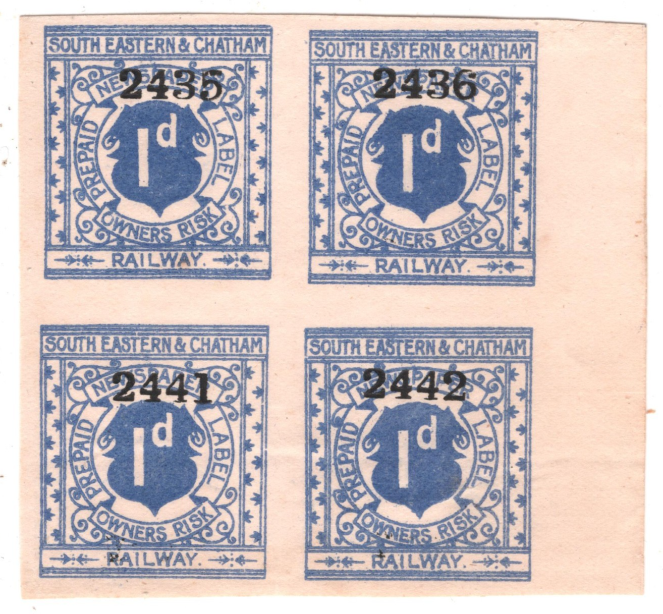 GB SOUTH EASTERN & CHATHAM RAILWAY Newspaper Stamp 1d *IMPERF* Block{4} MNG RS57 - Image 3