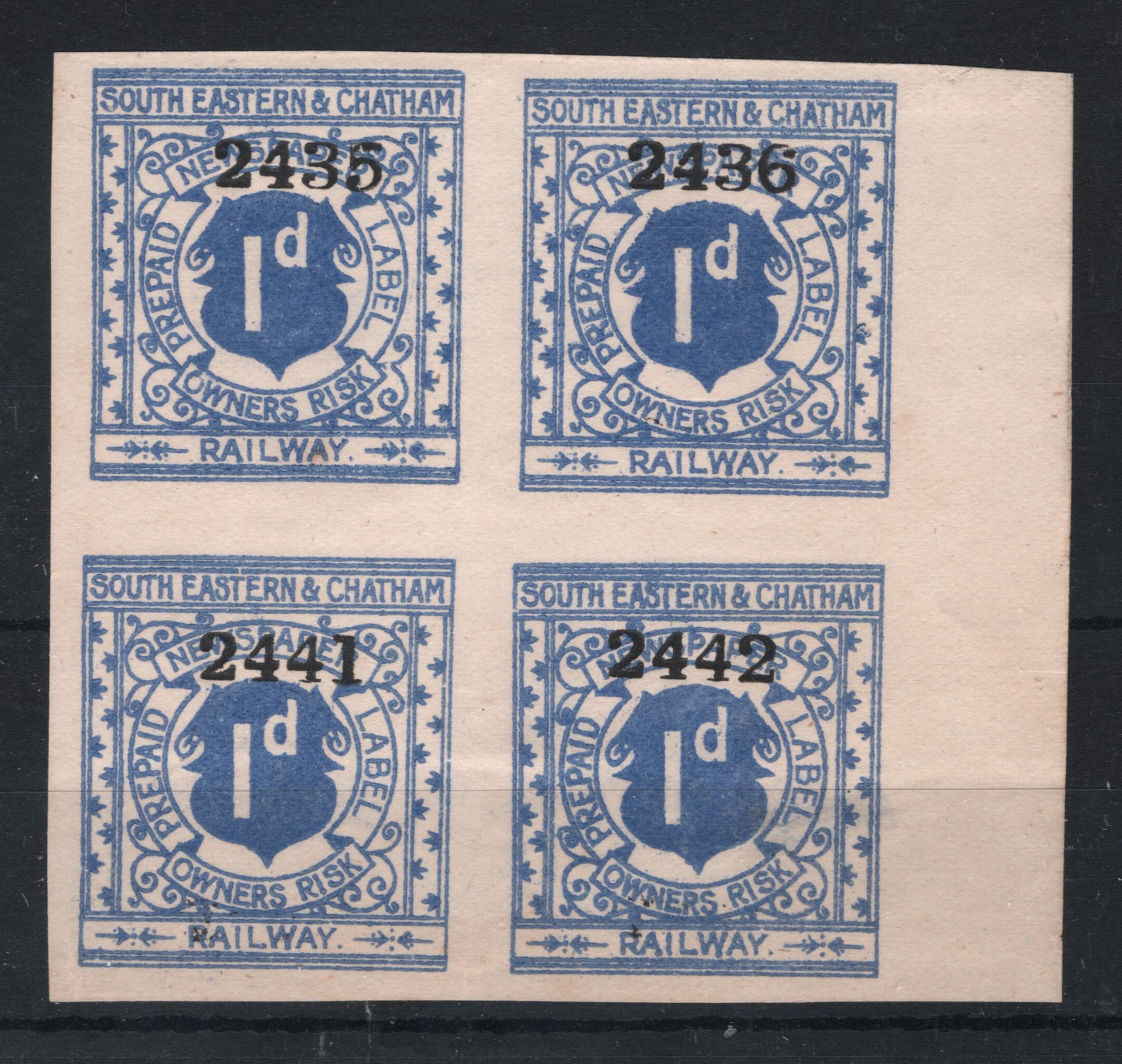GB SOUTH EASTERN & CHATHAM RAILWAY Newspaper Stamp 1d *IMPERF* Block{4} MNG RS57 - Image 5