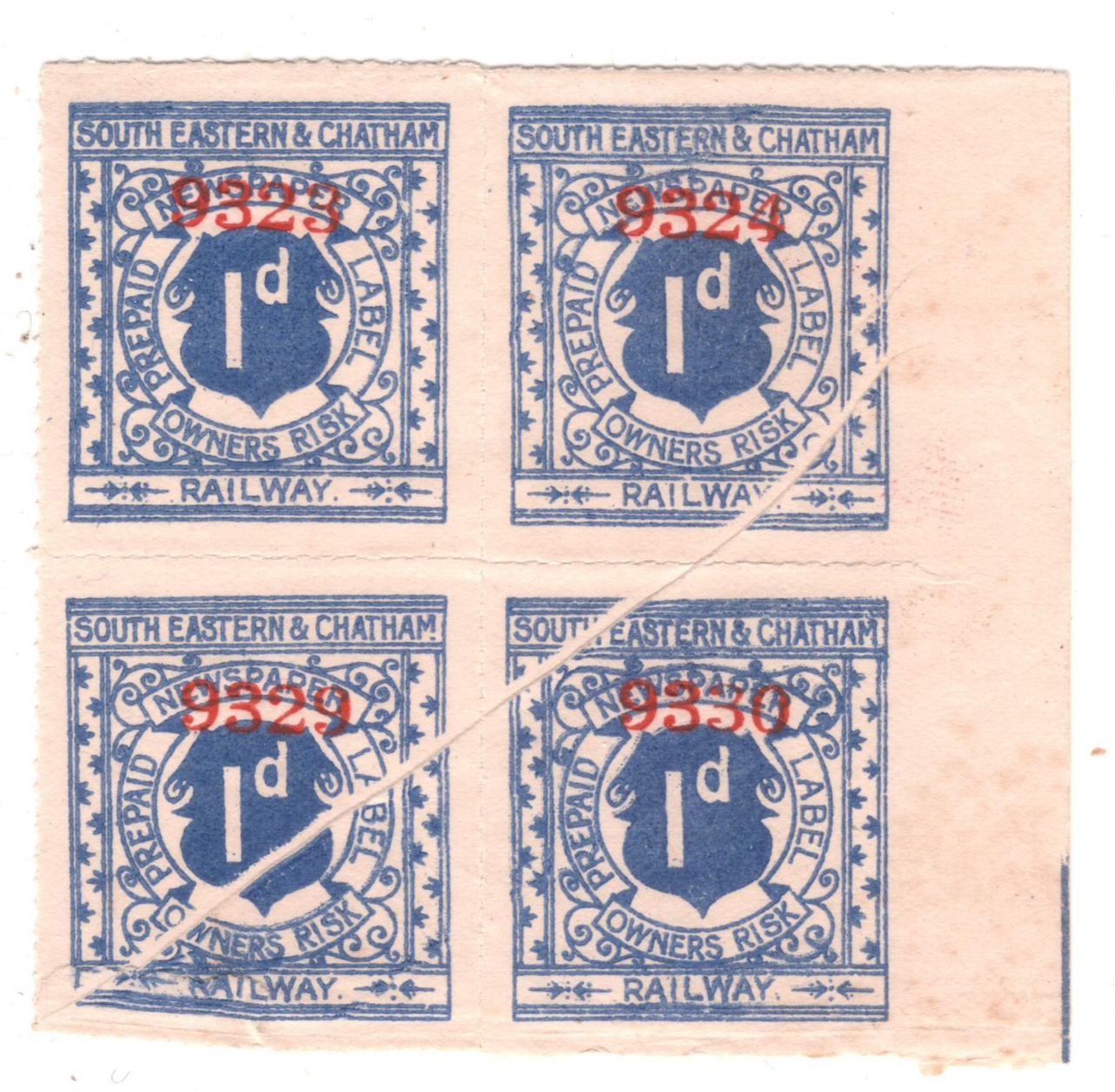 GB SOUTH EASTERN & CHATHAM RAILWAY Newspaper Stamp 1d *VARIETY* Block{4} RS56 - Image 3