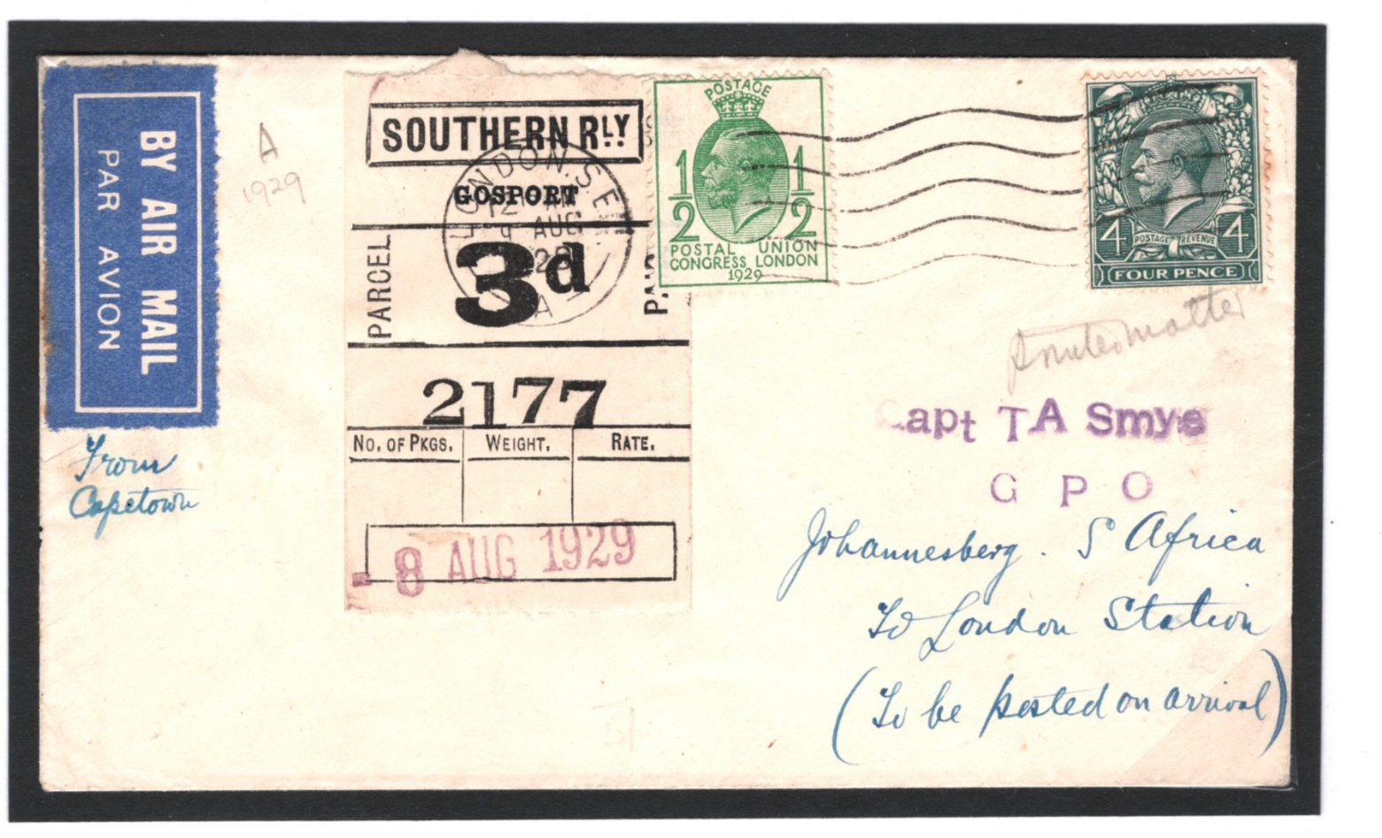 GB SOUTHERN RAILWAY 3d Parcel Stamp 1929 PUC Cover Gosport Air AFRICA Joburg i90 - Image 3