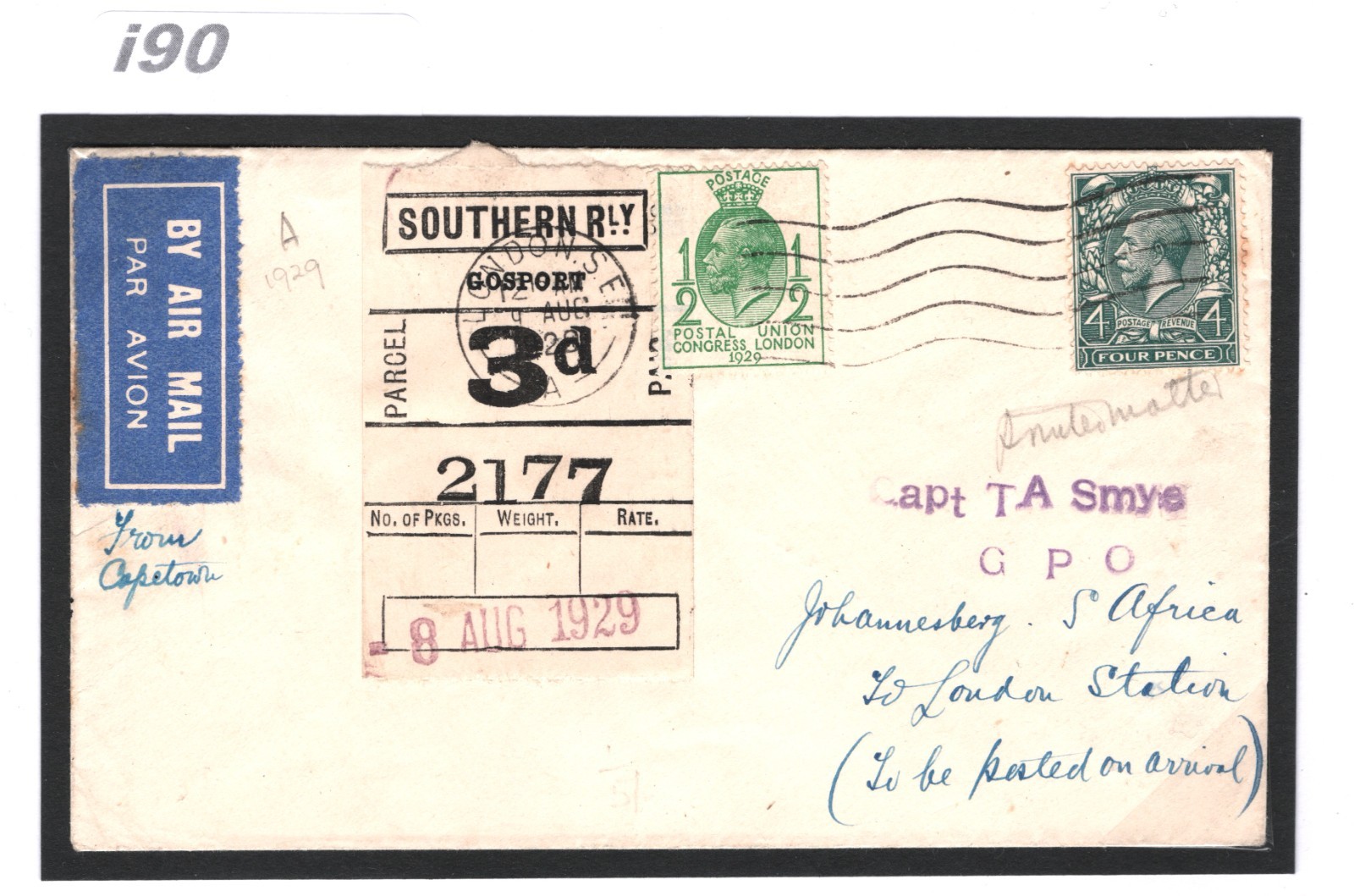 GB SOUTHERN RAILWAY 3d Parcel Stamp 1929 PUC Cover Gosport Air AFRICA Joburg i90 - Image 5
