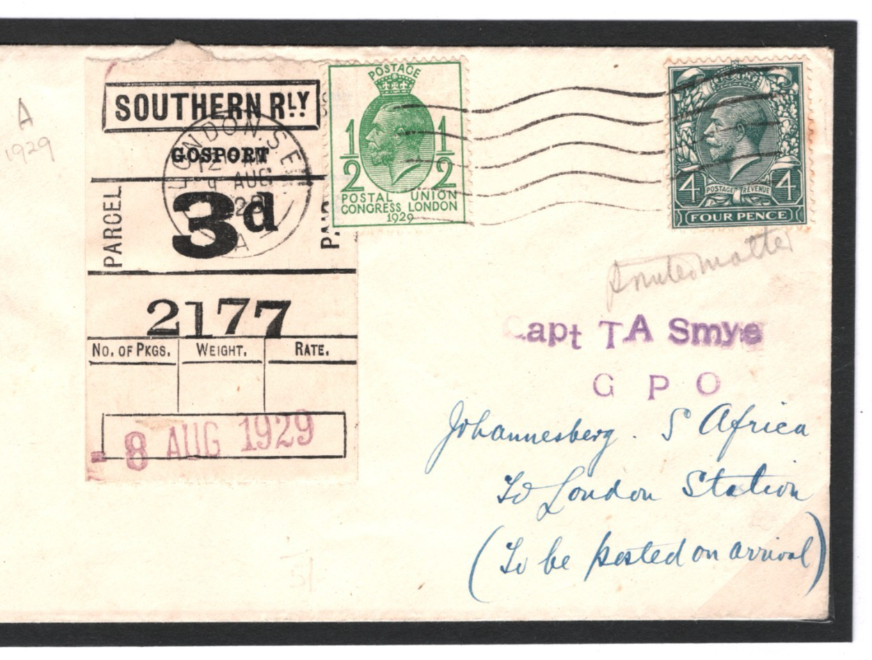 GB SOUTHERN RAILWAY 3d Parcel Stamp 1929 PUC Cover Gosport Air AFRICA Joburg i90