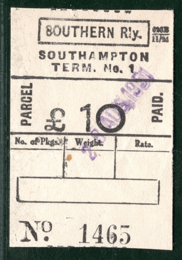 GB SOUTHERN RAILWAY Parcel Stamp *£10* HIGH VALUE Southampton 1951 Used SILVER66
