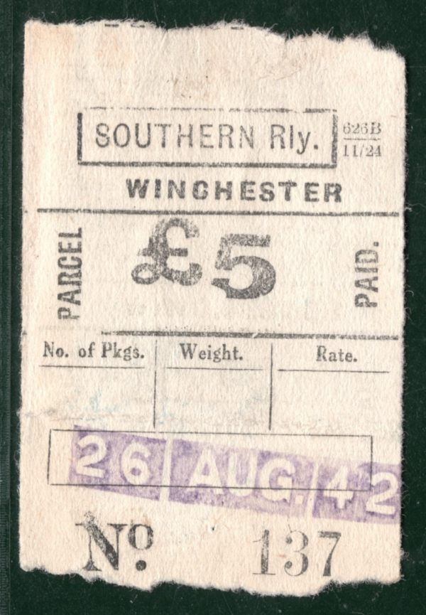 GB SOUTHERN RAILWAY Parcel Stamp *£5* HIGH VALUE Winchester 1942 Used SILVER67