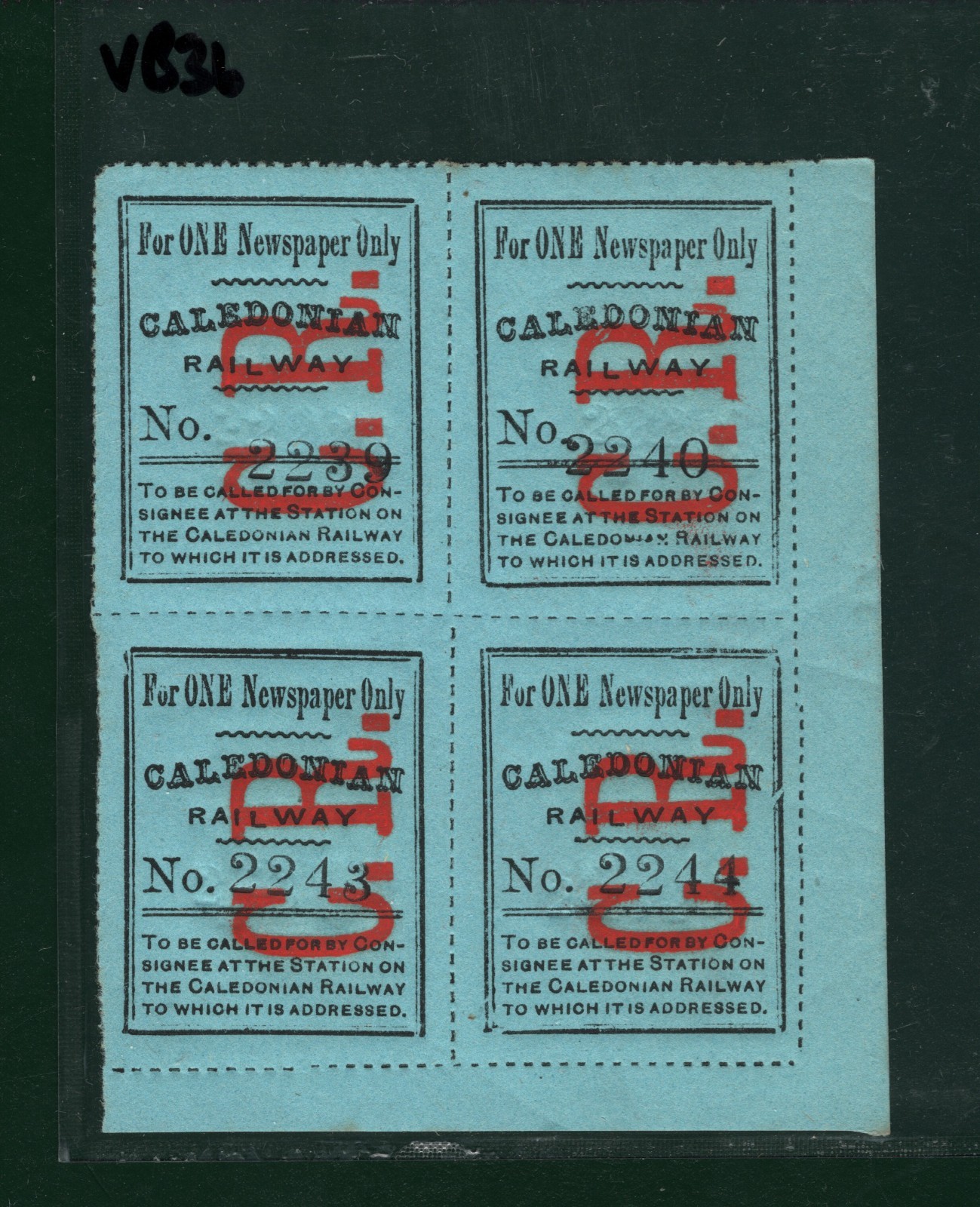 GB Scotland CALEDONIAN RAILWAY Newspaper Parcel Stamp BLOCK{4} *CR* Mint MM VB36 - Image 4