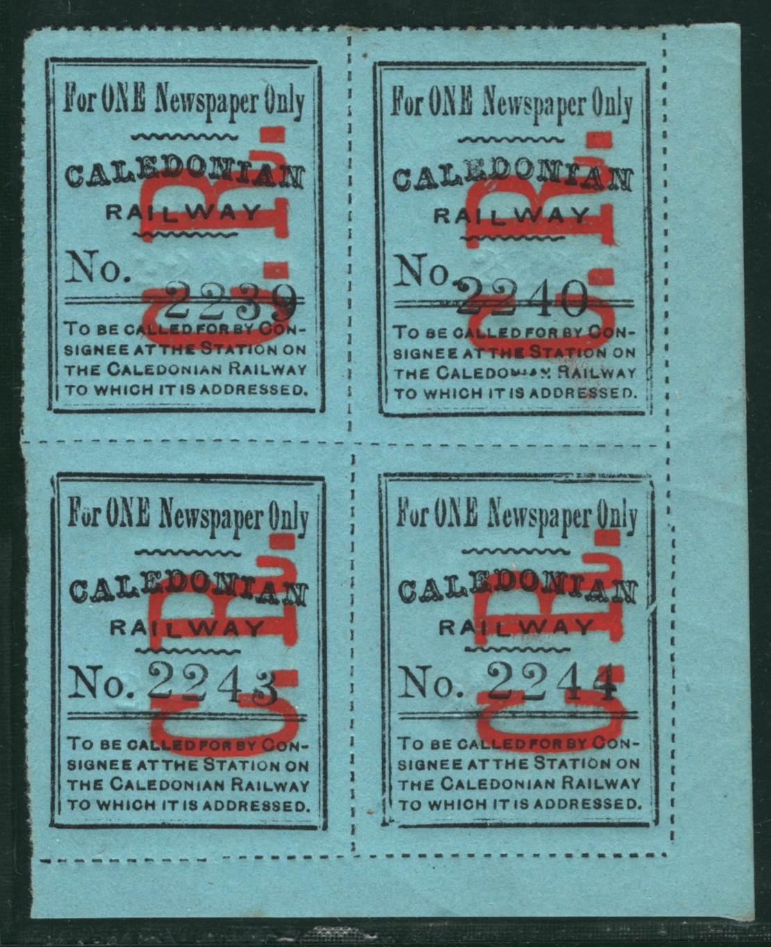 GB Scotland CALEDONIAN RAILWAY Newspaper Parcel Stamp BLOCK{4} *CR* Mint MM VB36