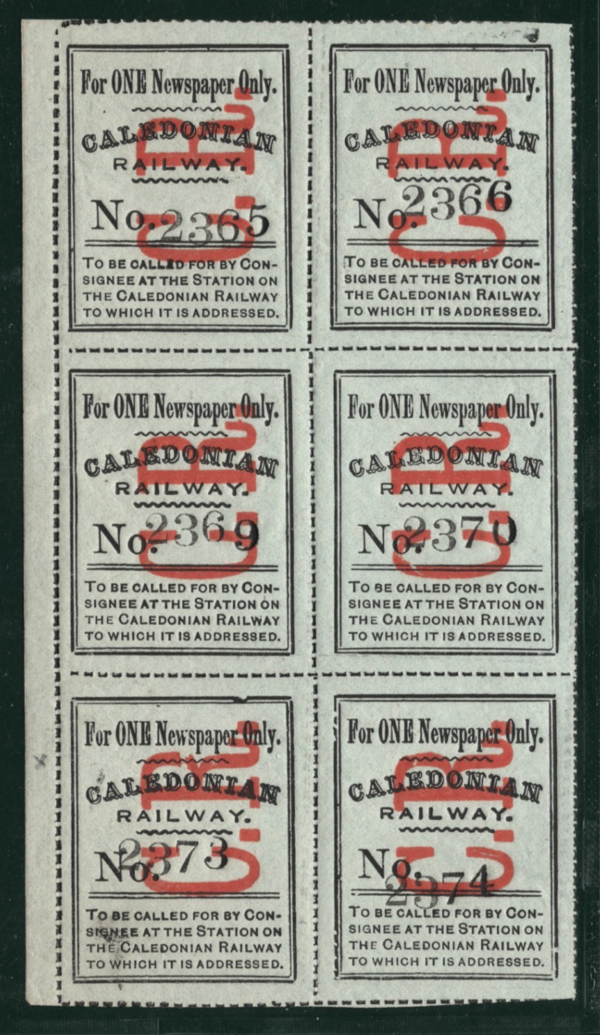 GB Scotland CALEDONIAN RAILWAY Newspaper Parcel Stamp BLOCK{6} CR Mint MM VB40