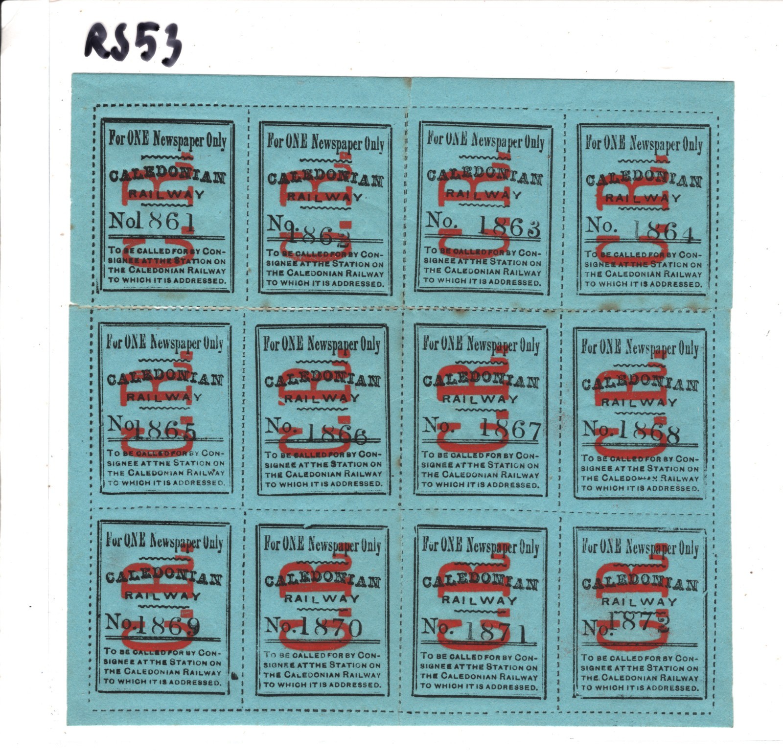 GB Scotland CALEDONIAN RAILWAY Newspaper Stamp SHEET{12} *CR* O/p Mint MM RS53 - Image 5