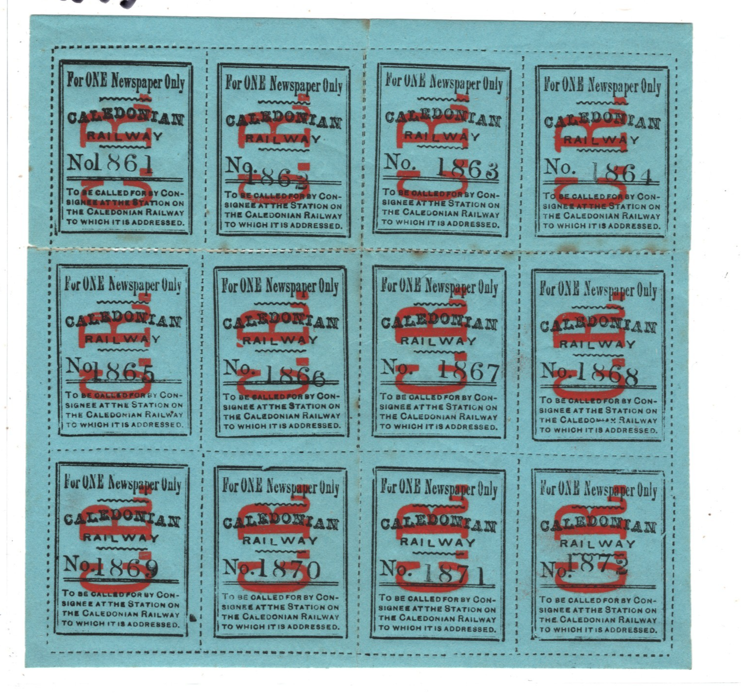GB Scotland CALEDONIAN RAILWAY Newspaper Stamp SHEET{12} *CR* O/p Mint MM RS53