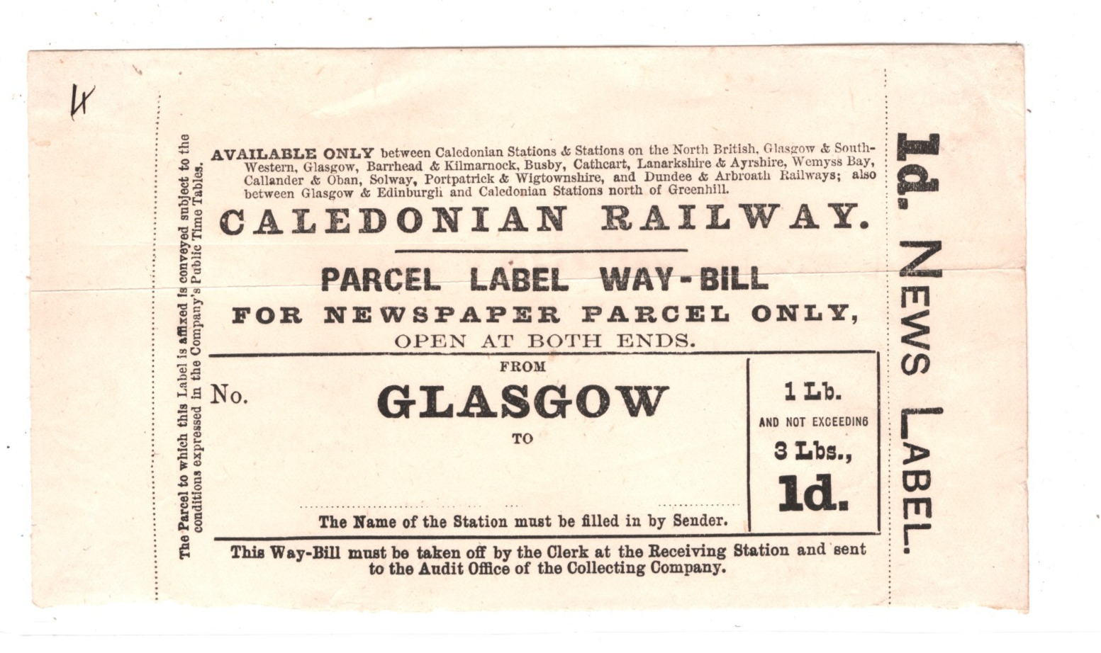GB Scotland CALEDONIAN RAILWAY Parcel Label Way Bill 1d/3lbs RS65 - Image 3