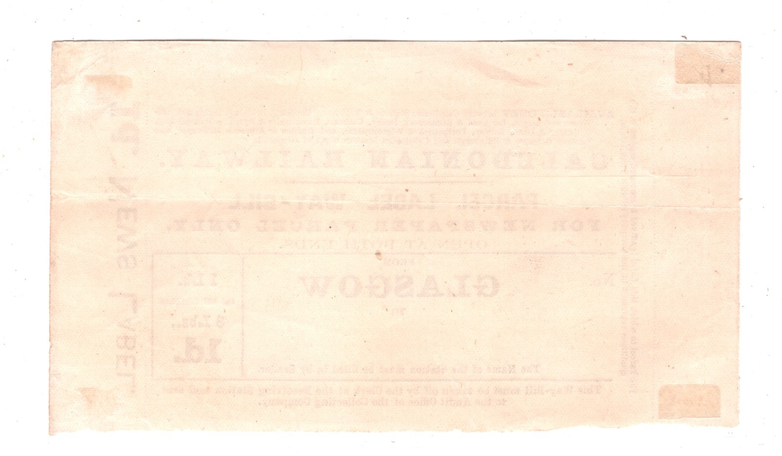 GB Scotland CALEDONIAN RAILWAY Parcel Label Way Bill 1d/3lbs RS65 - Image 4