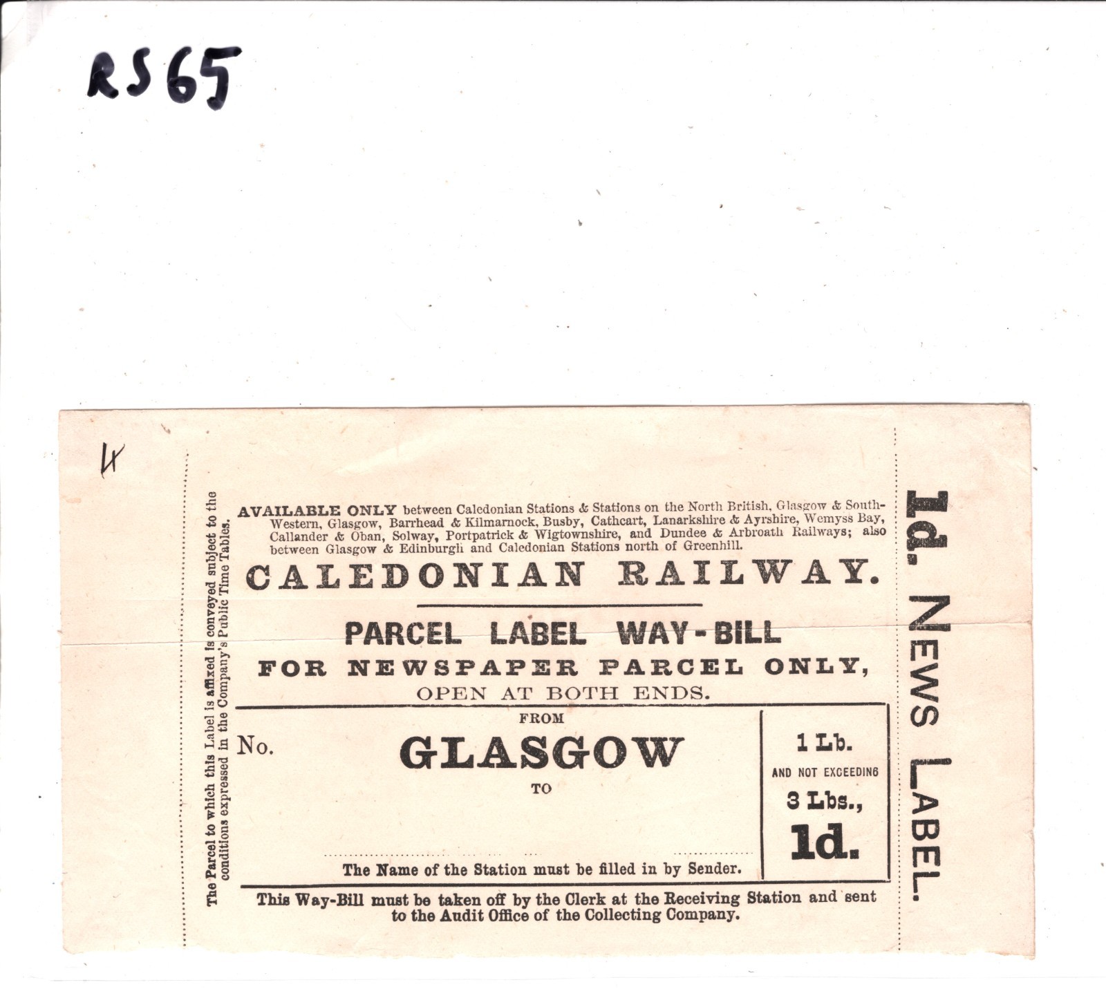 GB Scotland CALEDONIAN RAILWAY Parcel Label Way Bill 1d/3lbs RS65 - Image 5