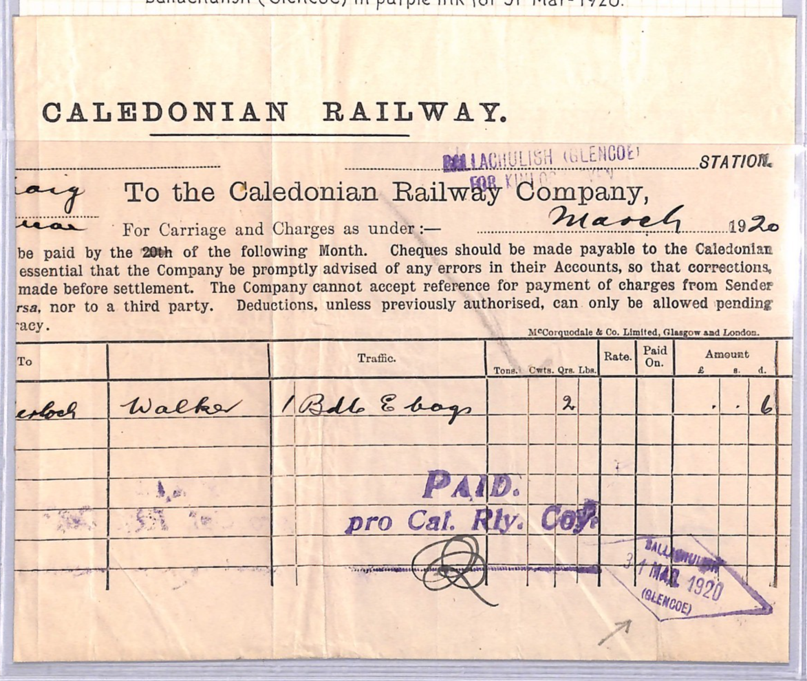 GB Scotland CALEDONIAN RAILWAY Waybill BALLACHULISH (GLENCOE) STATION 1920 WT167