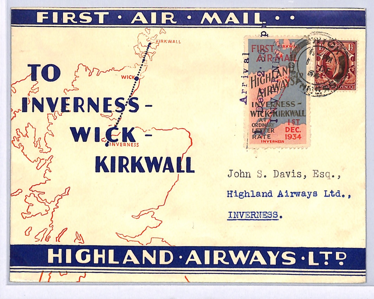 GB Scotland HIGHLAND AIRWAYS Air Mail Inverness Wick Letter Rate 1934 WQ80