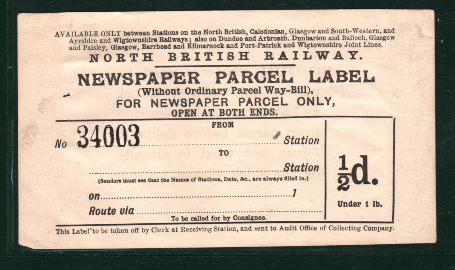 GB Scotland NORTH BRITISH RAILWAY Parcel Post Label NBR Unused VB27 - Image 3