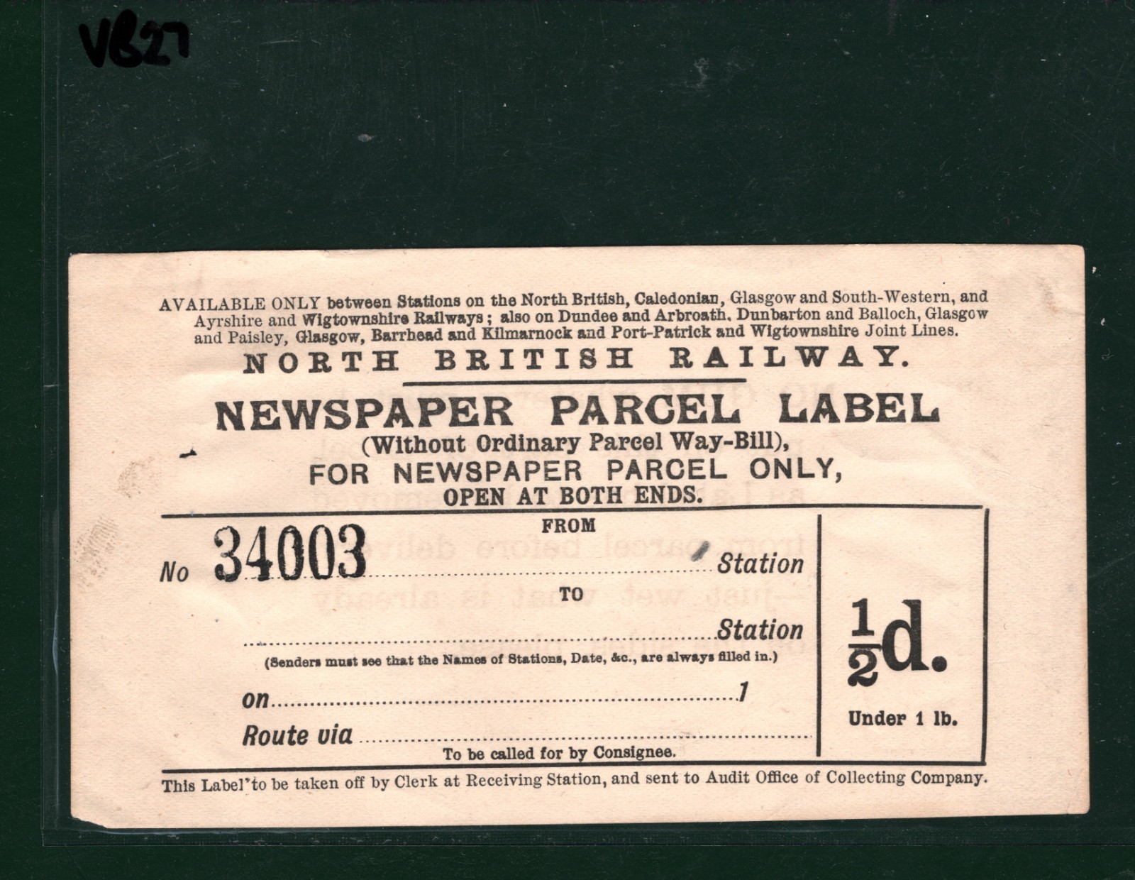 GB Scotland NORTH BRITISH RAILWAY Parcel Post Label NBR Unused VB27 - Image 5
