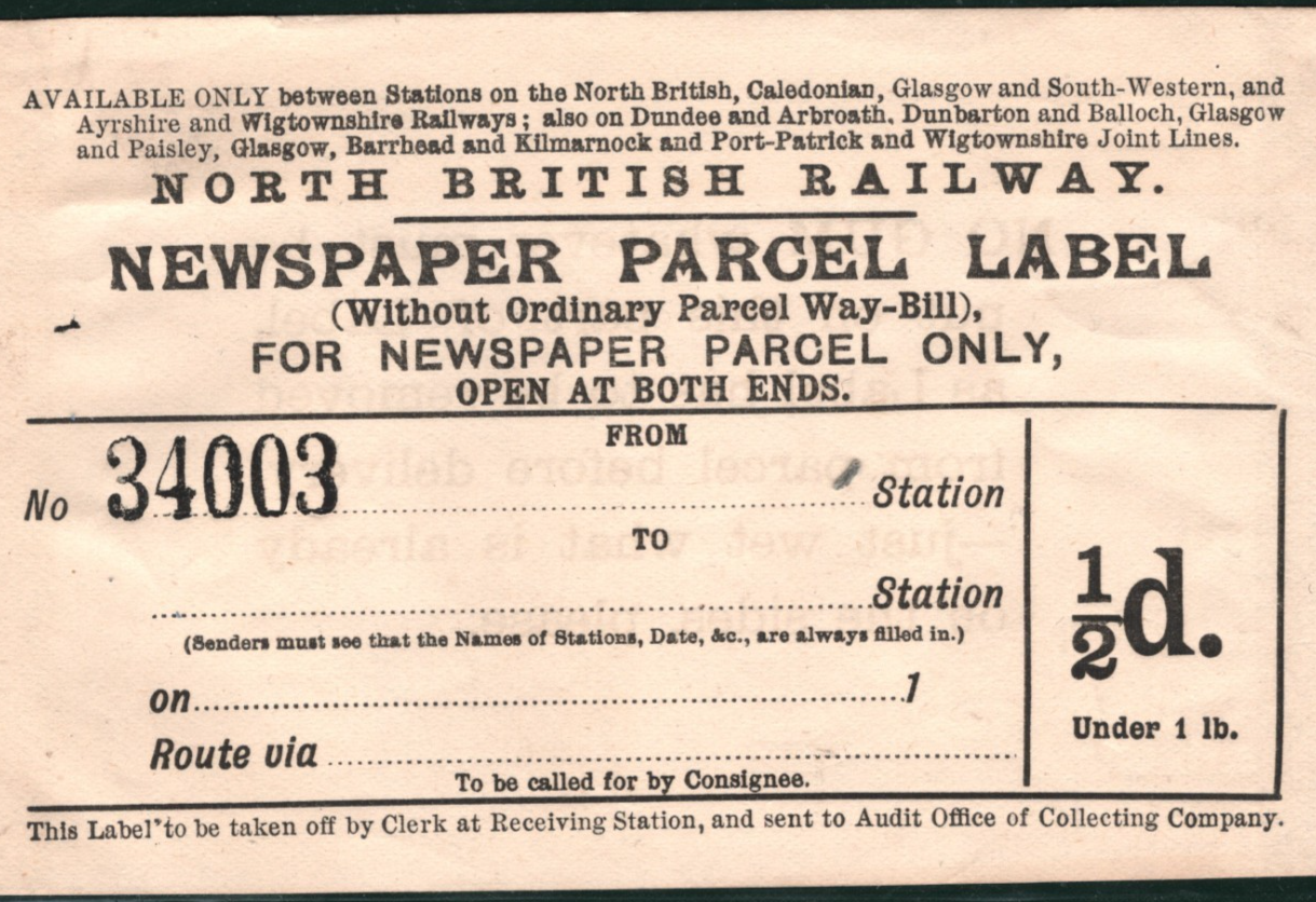 GB Scotland NORTH BRITISH RAILWAY Parcel Post Label NBR Unused VB27