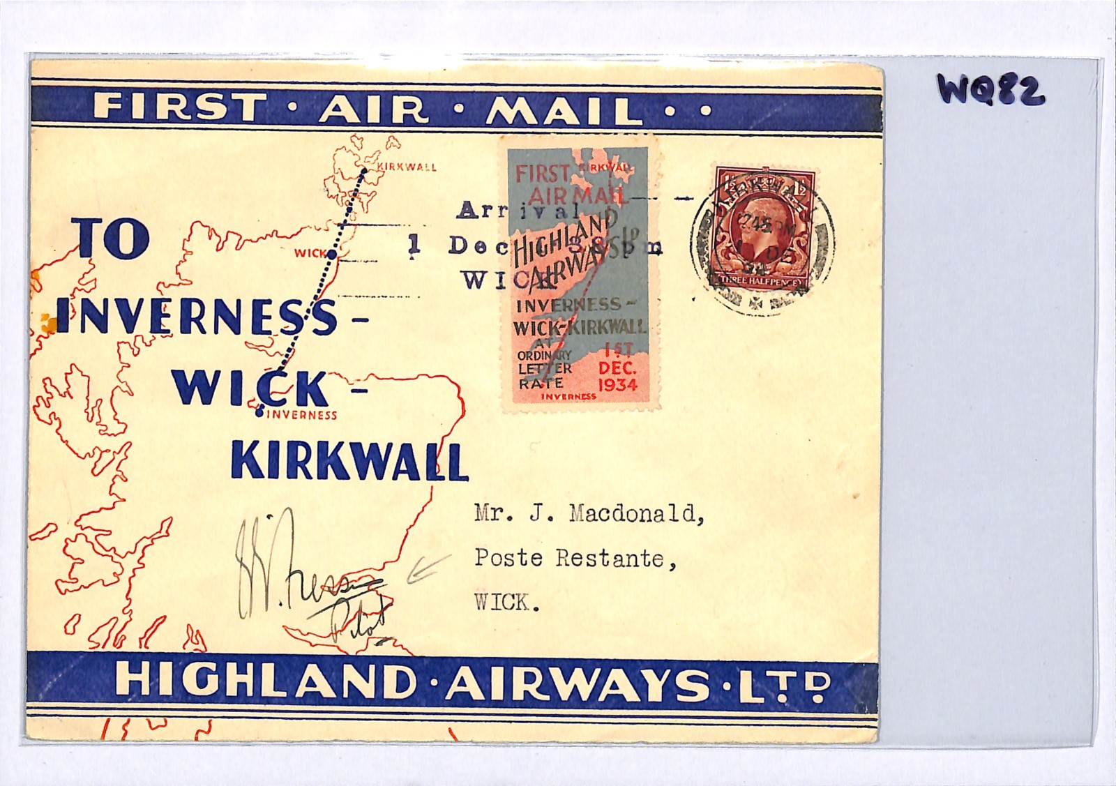 GB Scots Islands HIGHLAND AIRWAYS Air Mail Kirkwall Wick PILOT SIGNED 1934 WQ82 - Image 4