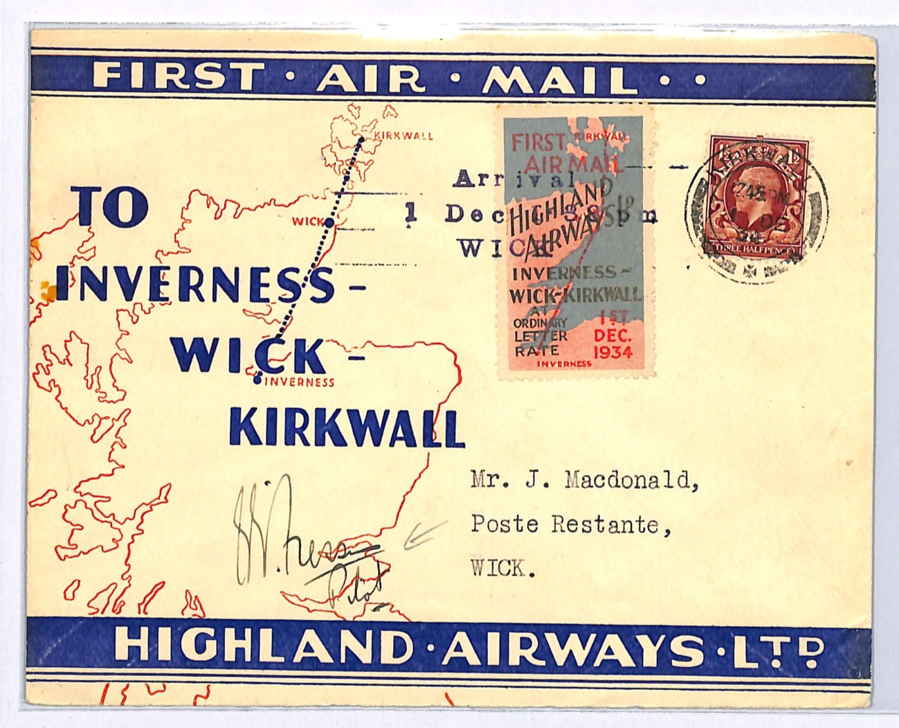 GB Scots Islands HIGHLAND AIRWAYS Air Mail Kirkwall Wick PILOT SIGNED 1934 WQ82