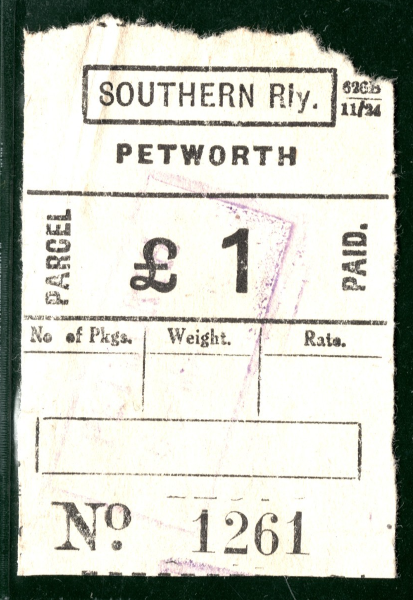 GB Sussex SOUTHERN RAILWAY Parcel Stamp £1 *PETWORTH* STATION High Value SBW48