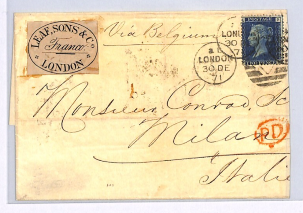 GB TWO PENCE BLUE 2d Plate 13 Cover London Private*FRANCO* Label 1871 Milan XG54