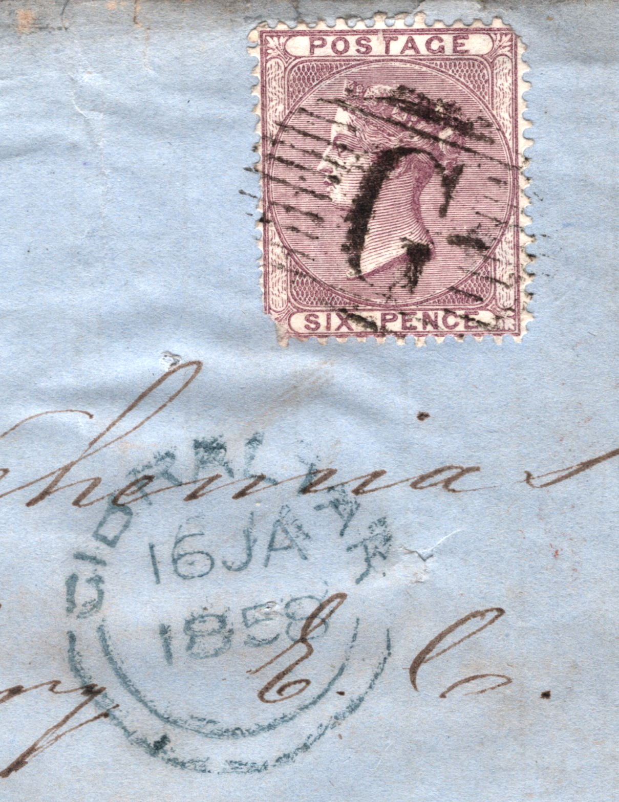 GB USED ABROAD Cover GIBRALTAR *G* Cancel 1858 6d *TAGUS* P&O STEAMER Ship WN286