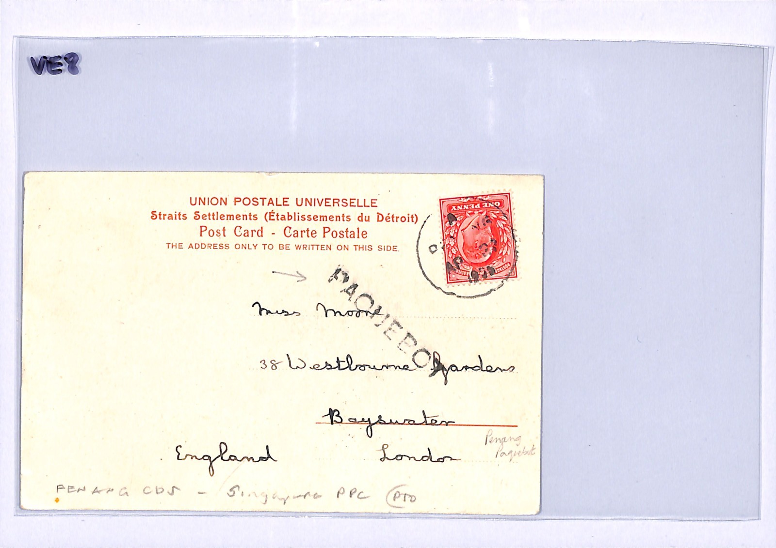 GB USED MALAYA Straits PENANG *PAQUEBOT* Postcard Singapore JAPANESE LADY VE8 - Image 4