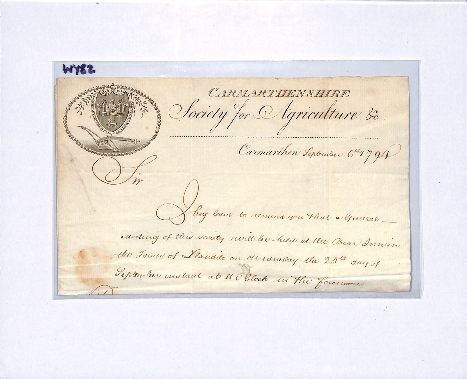 GB WALES Cover 1794 *CARMARTHEN SOCIETY FOR AGRICULTURE* Illustrated Letter WY82 - Image 11