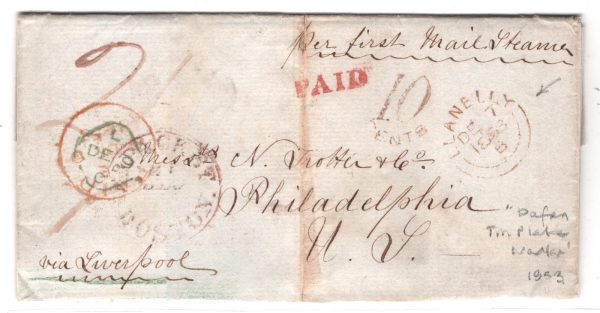 GB WALES TRANSATLANTIC Cover Llanelly DAFEN TINPLATE WORKS 1853 Letter USA XG84