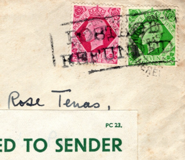 GB WW2 CENSOR RETOUR Chepstow Wales Cover KGVI 8d 7d *POSTAGE REFUNDED* MC113a