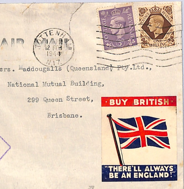 GB WW2 Cover *BUY BRITISH/ENGLAND* Label Tottenham Australia Brisbane 1944 WN54 - Image 3