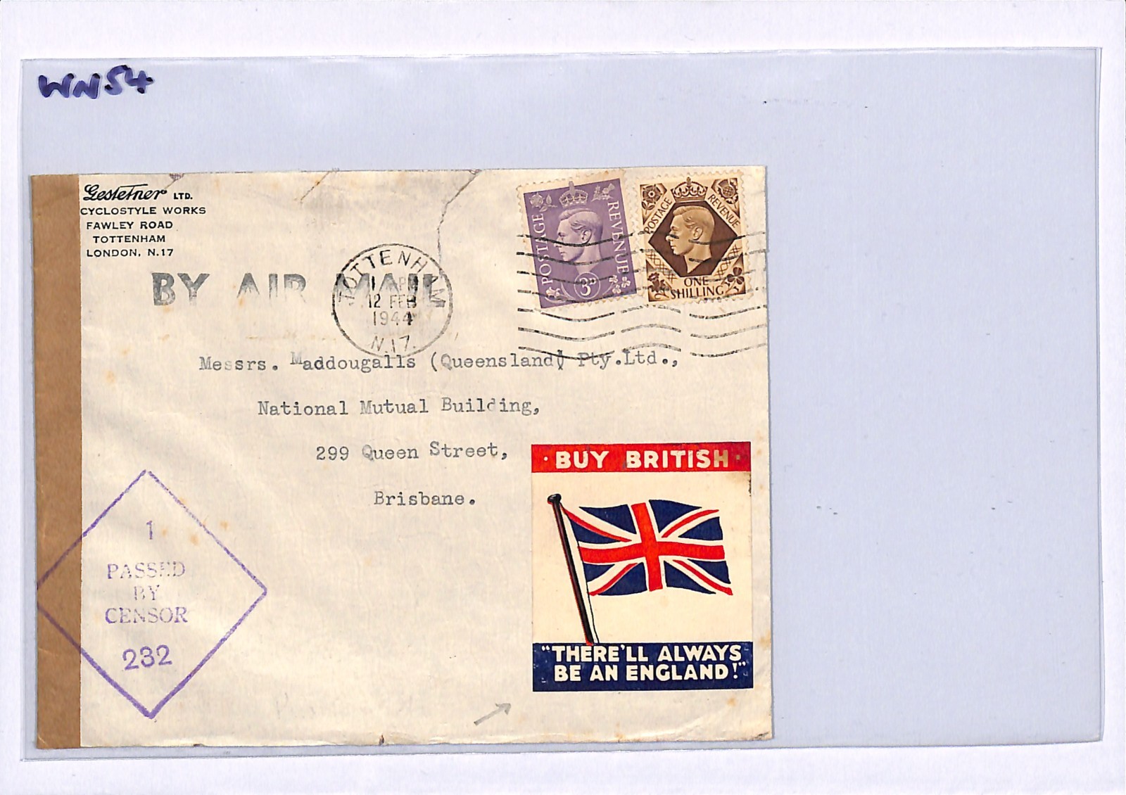 GB WW2 Cover *BUY BRITISH/ENGLAND* Label Tottenham Australia Brisbane 1944 WN54 - Image 5