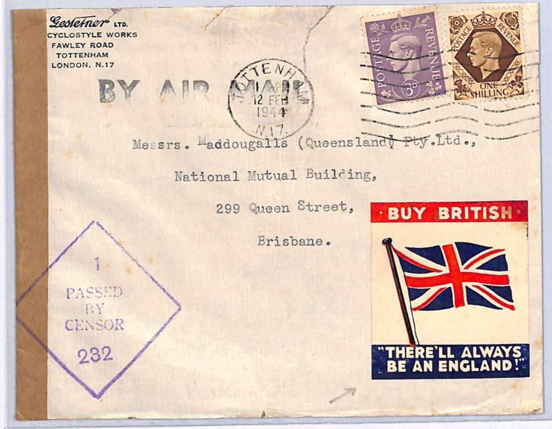 GB WW2 Cover *BUY BRITISH/ENGLAND* Label Tottenham Australia Brisbane 1944 WN54