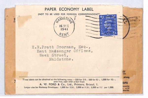 GB WW2 Cover V FOR VICTORY PATRIOTISM ECONOMY LABEL Maidstone Kent 1941 YK344 - Image 4