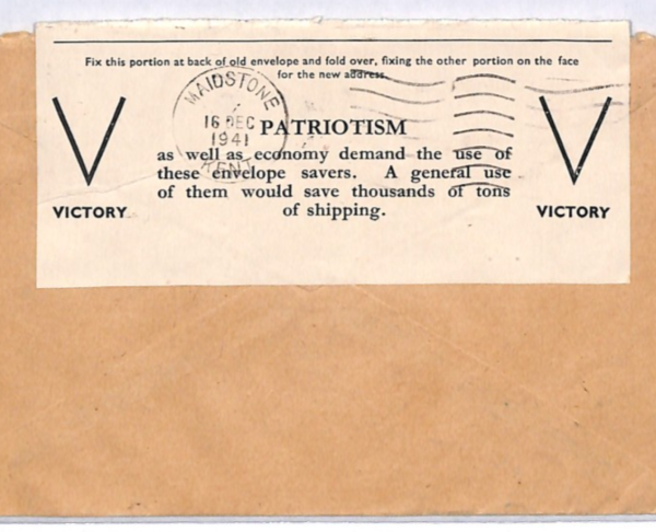 GB WW2 Cover V FOR VICTORY PATRIOTISM ECONOMY LABEL Maidstone Kent 1941 YK344