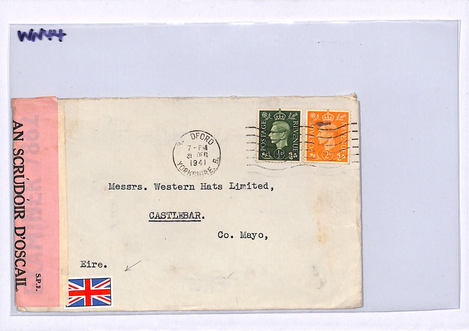 GB WW2 IRISH MAIL Cover *UNION JACK* Label DOUBLE CENSOR 1941 Mayo Ireland WN44 - Image 7