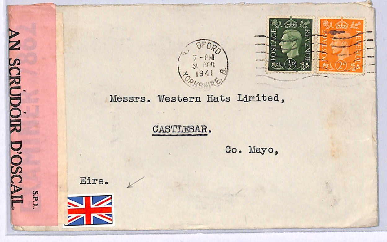 GB WW2 IRISH MAIL Cover *UNION JACK* Label DOUBLE CENSOR 1941 Mayo Ireland WN44
