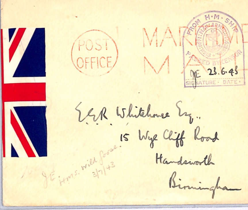 GB WW2 NAVAL Cover *UNION JACK* PATRIOTIC Label Censor HMS WILD GOOSE 1943 WN48 - Image 4