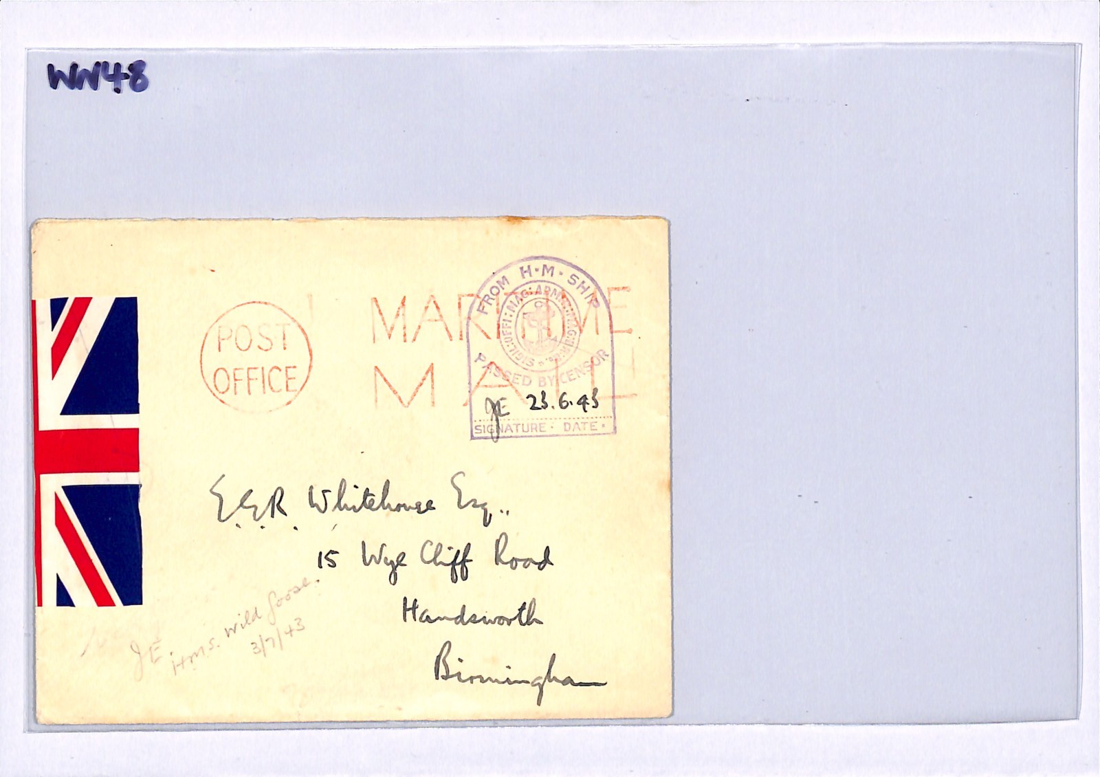 GB WW2 NAVAL Cover *UNION JACK* PATRIOTIC Label Censor HMS WILD GOOSE 1943 WN48 - Image 5