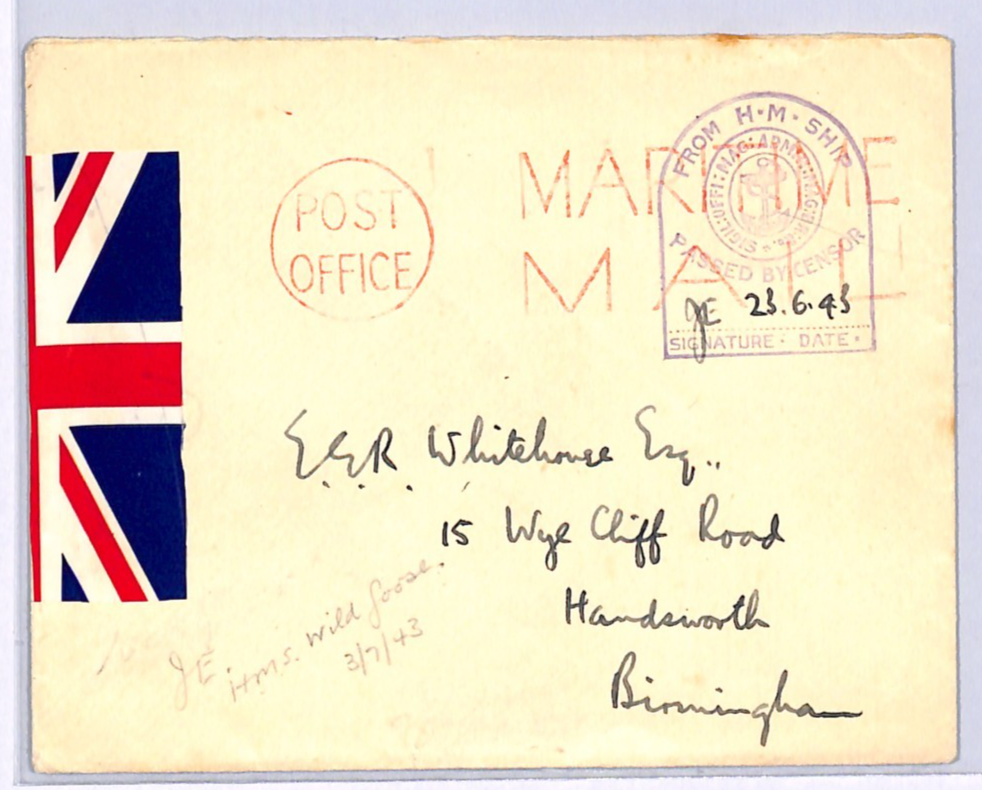 GB WW2 NAVAL Cover *UNION JACK* PATRIOTIC Label Censor HMS WILD GOOSE 1943 WN48